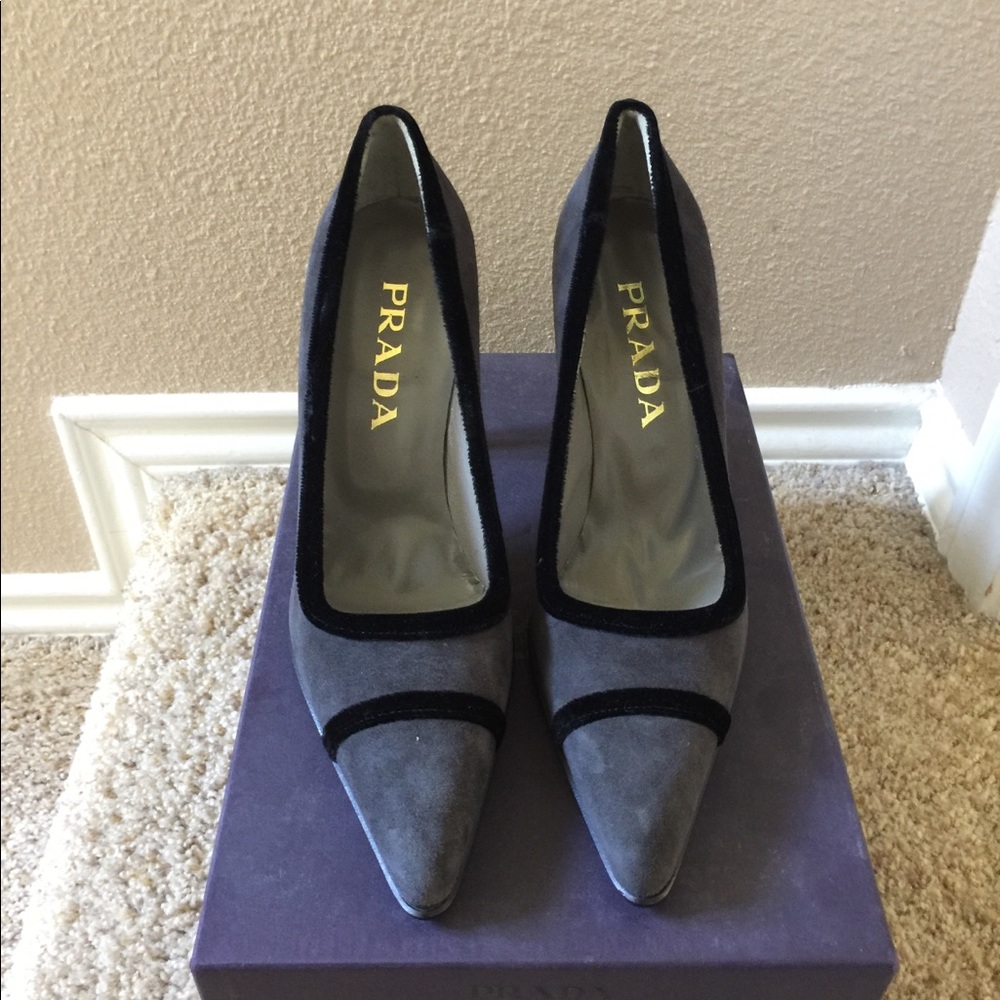 Grey suede Prada heels, black trim